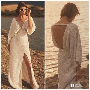 NWT ANTHROPOLOGIE BHLDN ELEANORA V-NECK OPEN-BACK SEQUIN COLUMN GOWN